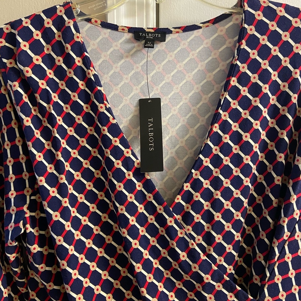Talbots navy red trellis dot print surplice long sleeve blouse Large petite NWT - Picture 4 of 8